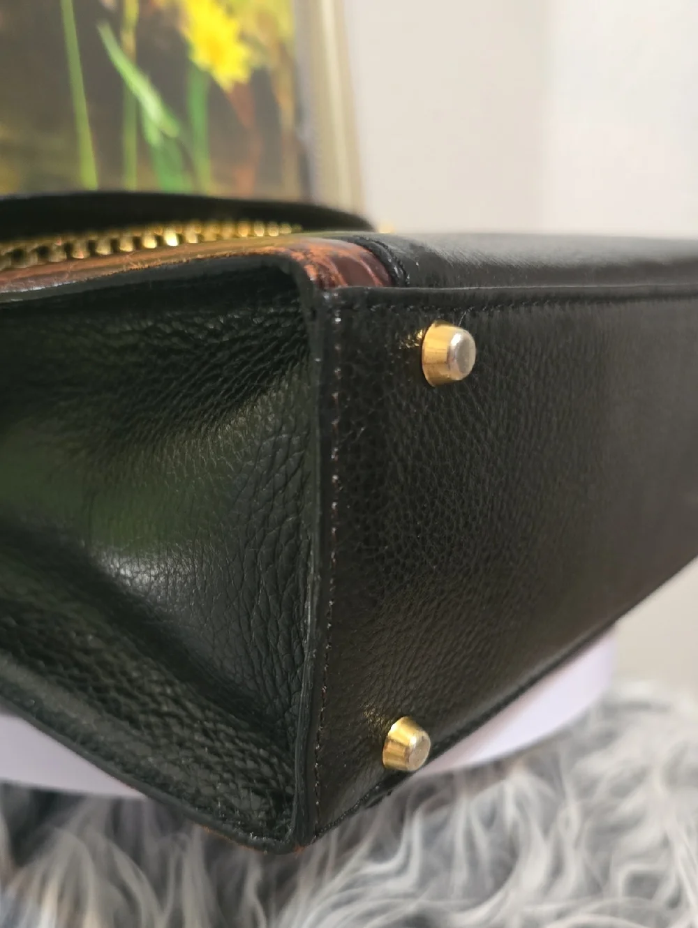 Bally Vintage Leather Satchel Croc Embossed Top Handle Bag Black Brown